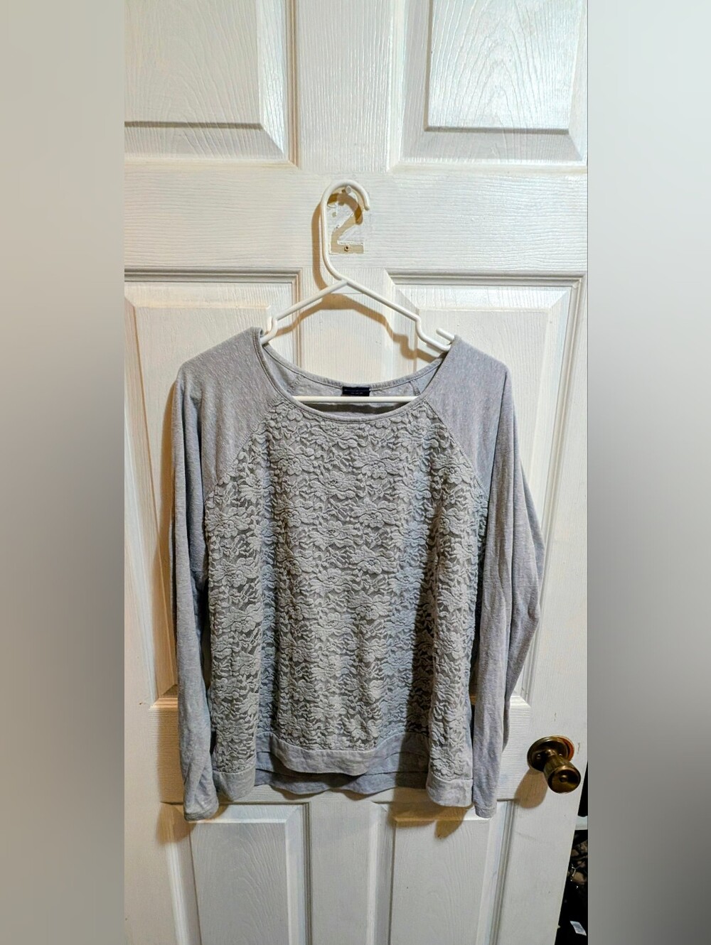 Faded Glory Light Gray Lace-Front Pullover Sweatshirt